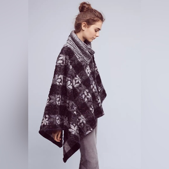 Anthropologie Wintertide Poncho One Size Reversible Wool Blend Lagenlook Hygge - Picture 5 of 7